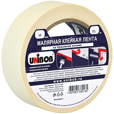 Клейкая лента малярная UNIBOB профессиональная 38мм х 50м (реальная длина!), 28138